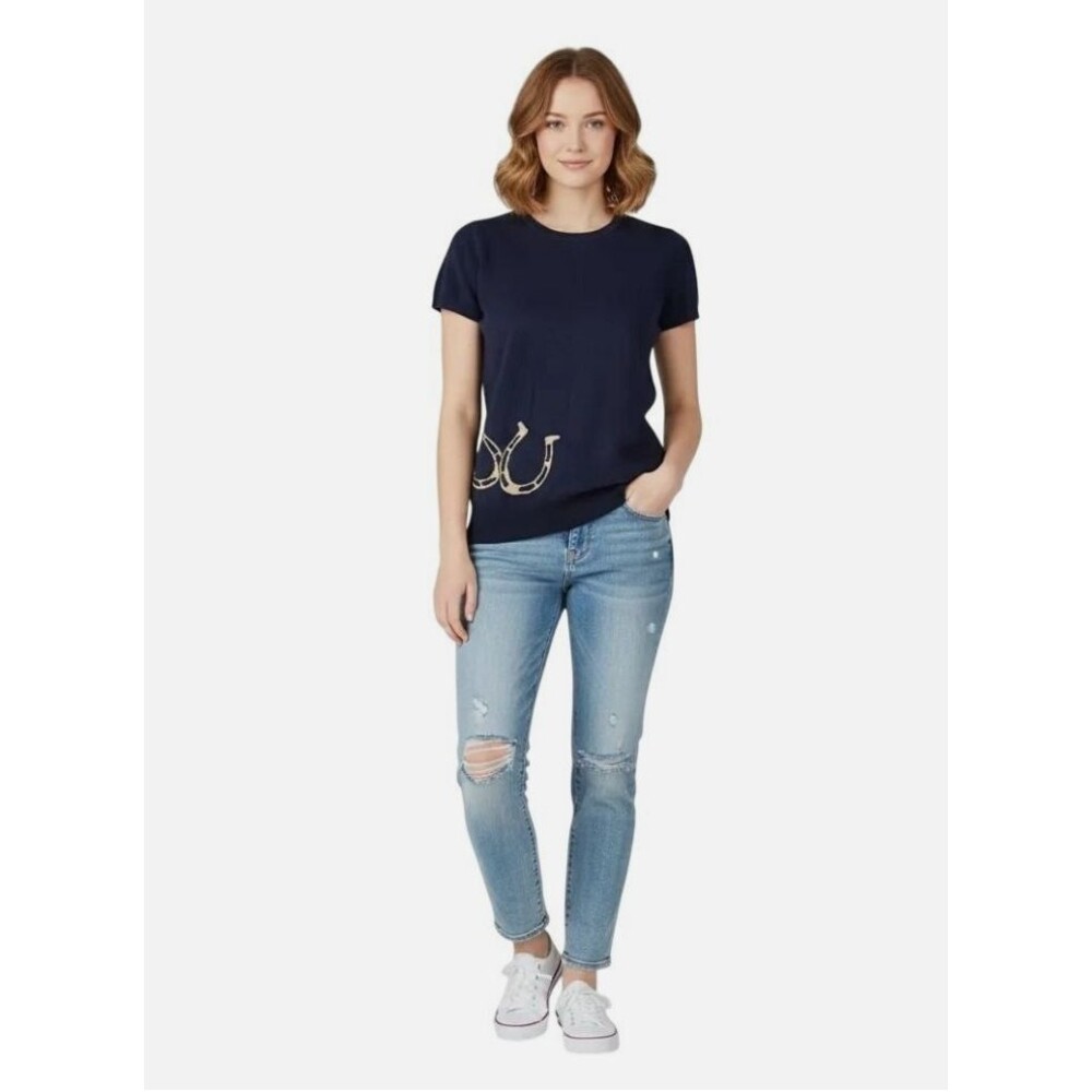 Lilly Pulitzer Navy Blue Wool Horseshoe Short Sleeve Sweater Small Equestrian